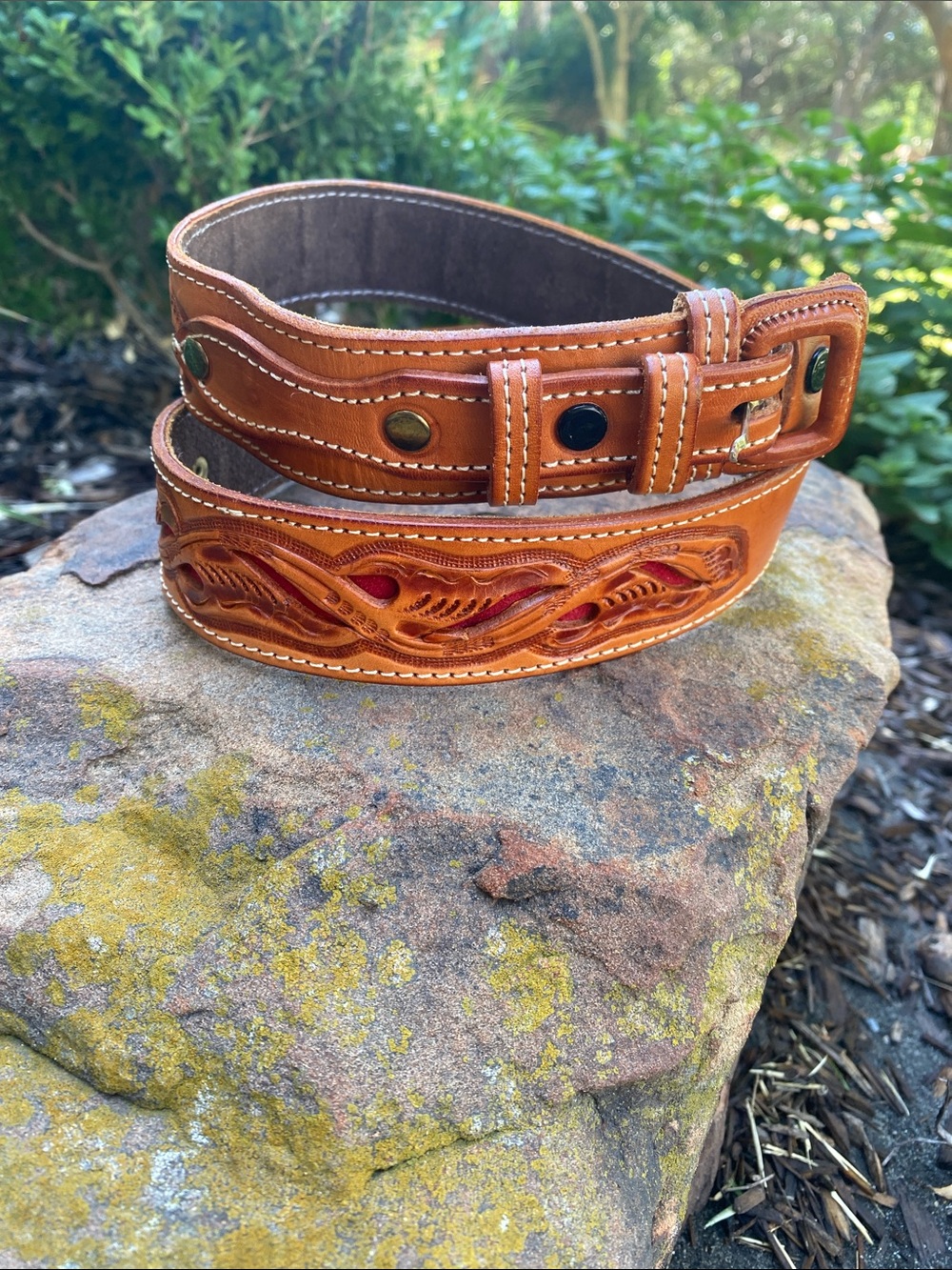 Unisex Leather RANGER Western-Style Tooled Belt with Red Accent
